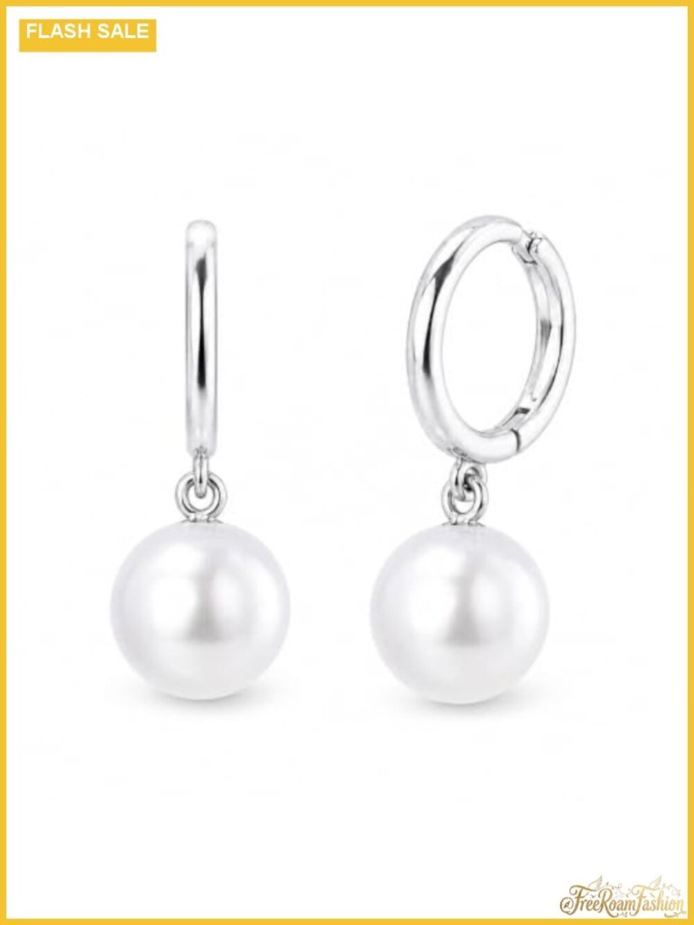 18K Gold Tone Huggie Hoop Earrings with White Pearl Drop Dangle